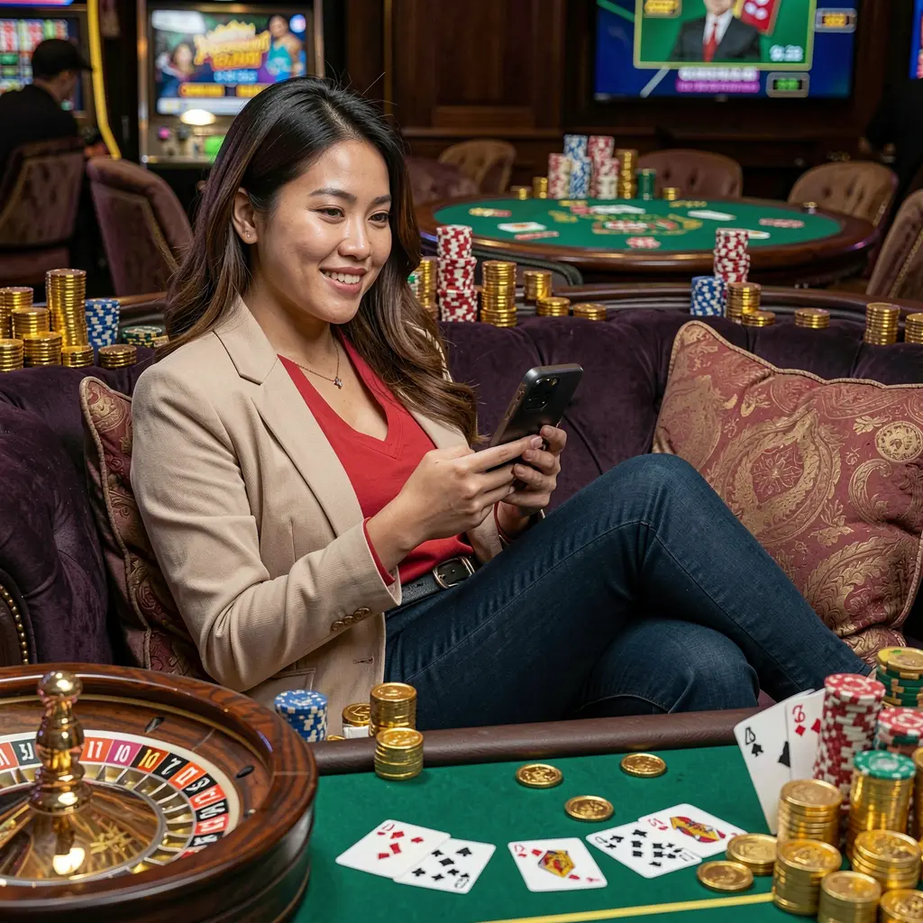 Q63 App – Enjoy a smooth and modern mobile casino experience in the Philippines Stylish Filipino woman relaxing on a sofa while using the Q63 casino app surrounded by floating gold coins roulette wheel and playing cards
