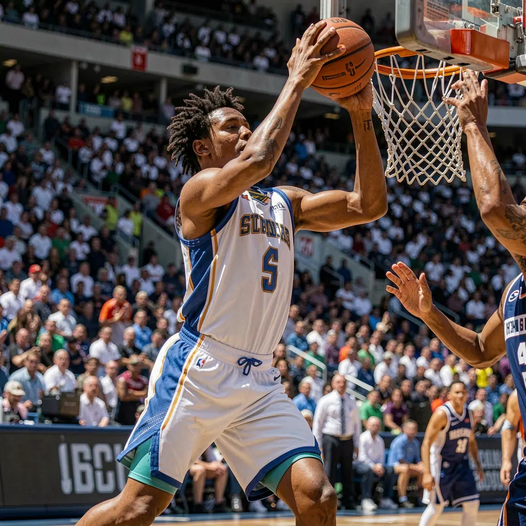 Dynamic basketball moment with a player making a powerful shot in a packed arena highlighting the excitement of live basketball betting with Q63 in the Philippines