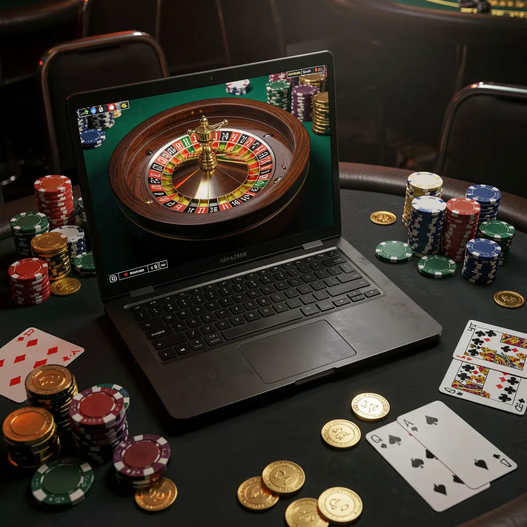 Stylish laptop on a casino table showing a live roulette wheel with stacked chips and playing cards representing immersive online casino entertainment at Q63 for players in the Philippines
