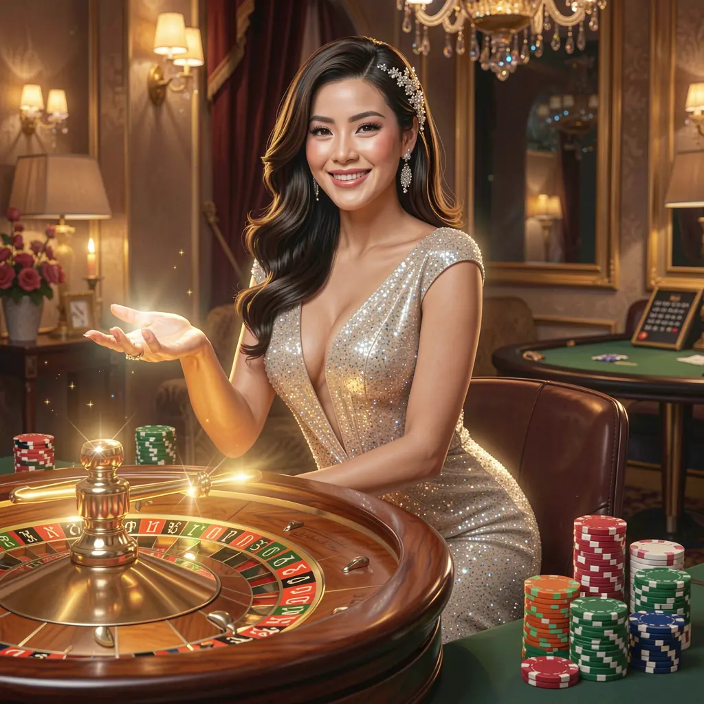 Elegant live casino dealer surrounded by glowing roulette numbers and floating chips representing the immersive and rewarding Q63 login experience for players in the Philippines