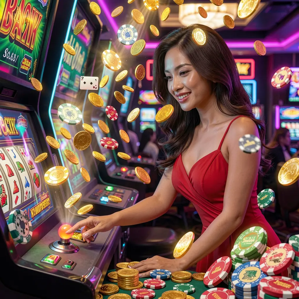 Q63 – Experience thrilling online slot action made for Filipino players Stylish Filipino woman enjoying vibrant slot machine action with flying gold coins at Q63 casino capturing the excitement of premium online slots in the Philippines